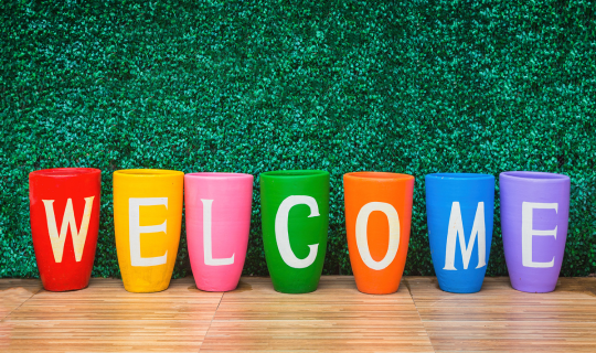 Colourful plant pots with letters to spell 'welcome'
